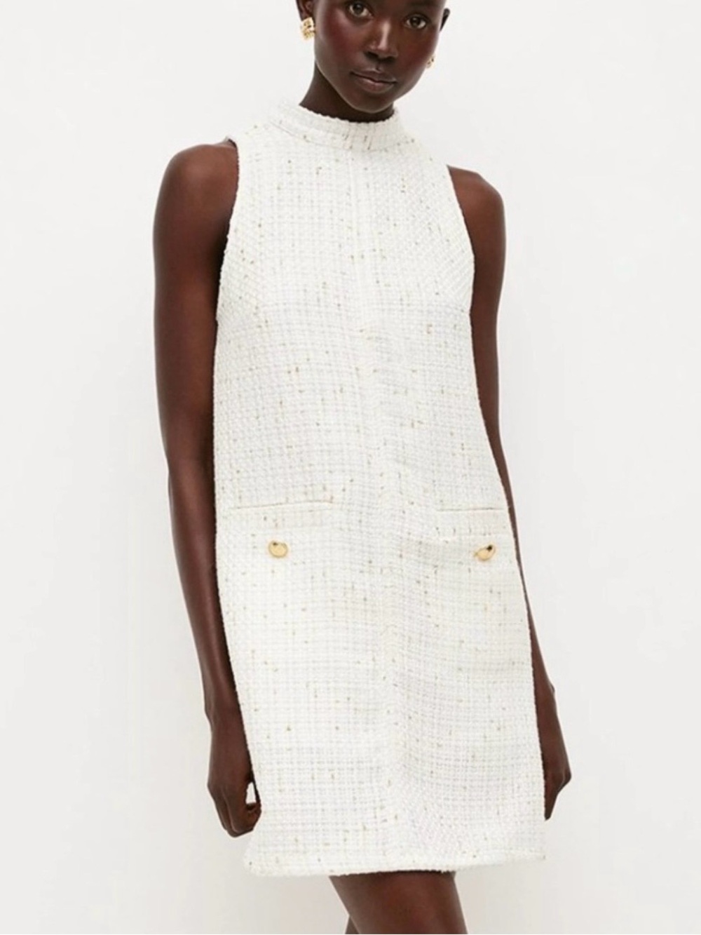 KAREN MILLEN Sleeveless Tweed Mini Dress White with Gold Buttons Size 4 UK8 NWT